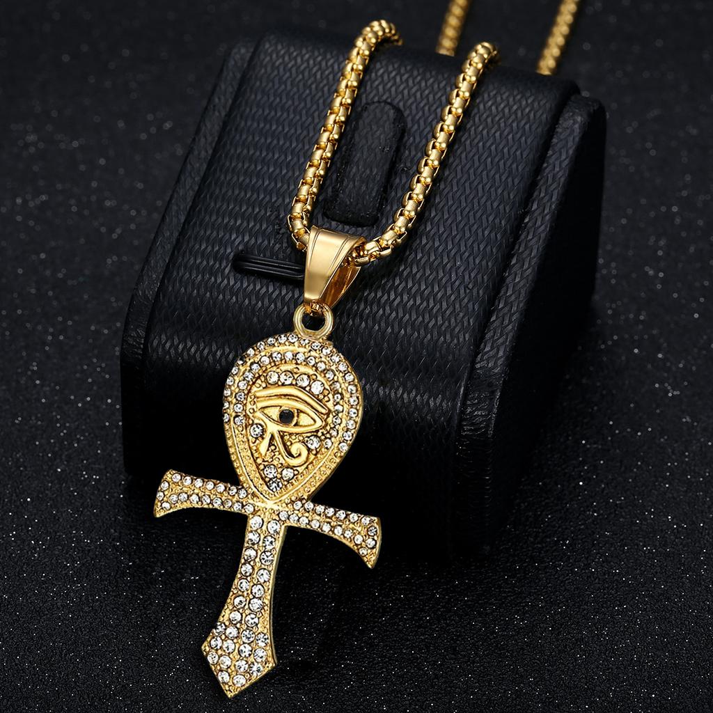 Egipski Krzyż Ankh Iced Out Złoty Kolor Stal Nierdzewna Oko Horusa Naszyjnik Dla Mężczyzn Kobiet Biżuteria Starożytnego Egiptu Prezent