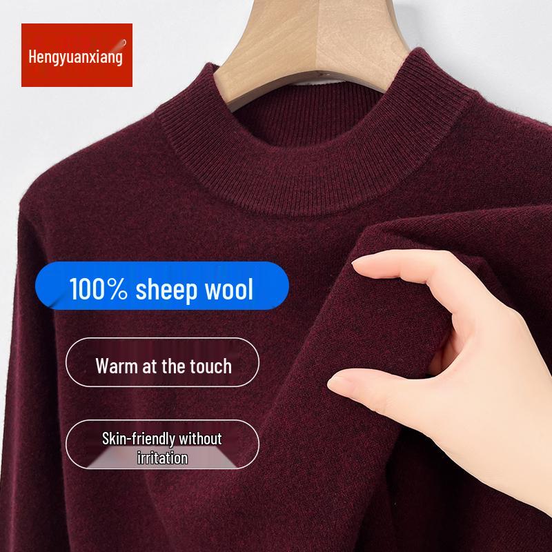 Hengyuanxiang Men's 100% Pure Wool Pullover, Round Neck, Thickened Winter Sweater for Middle-Aged Dads.