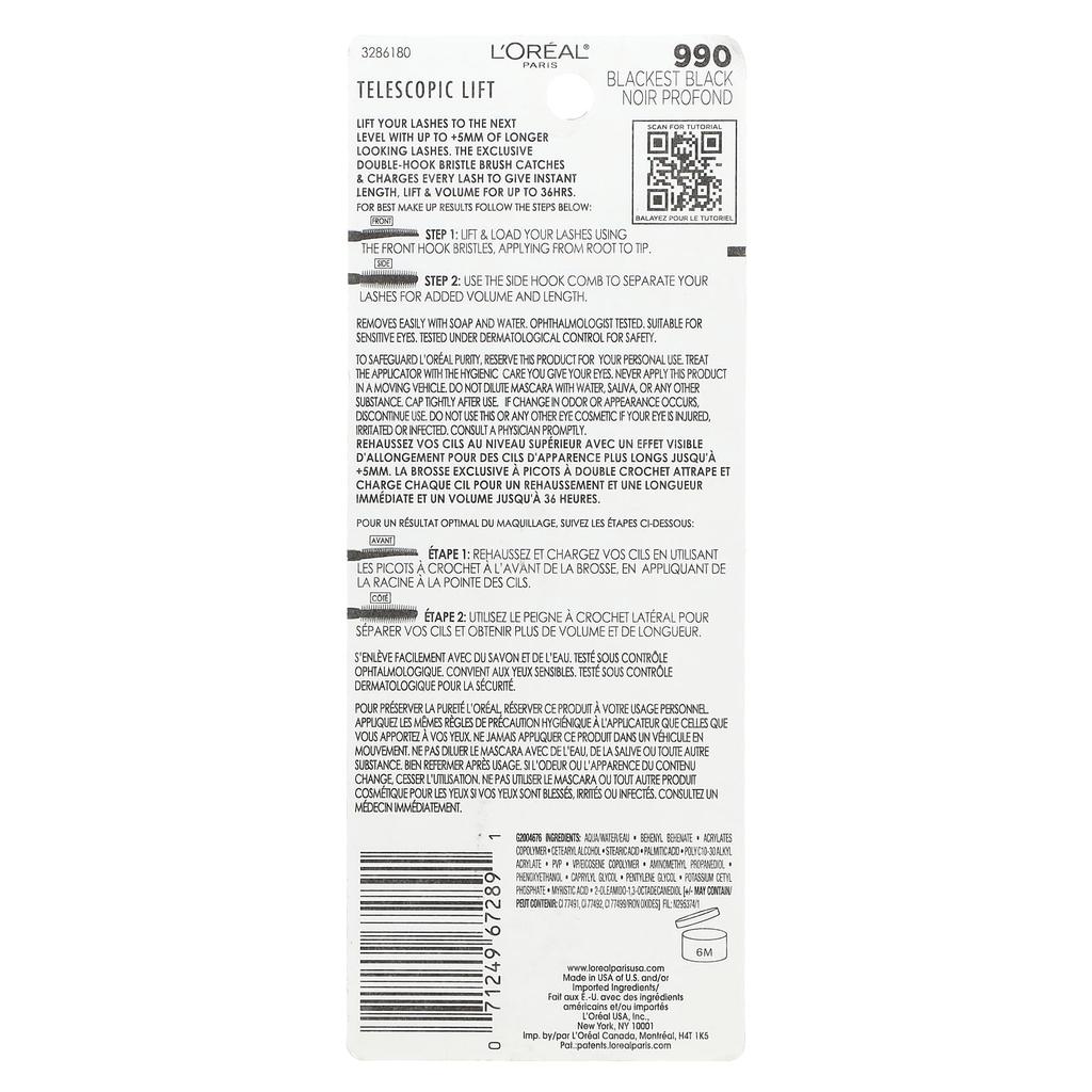 L'Oréal, Telescopic Lift Mascara, 990 Blackest Black, 10Ml (0.33Fl Oz)