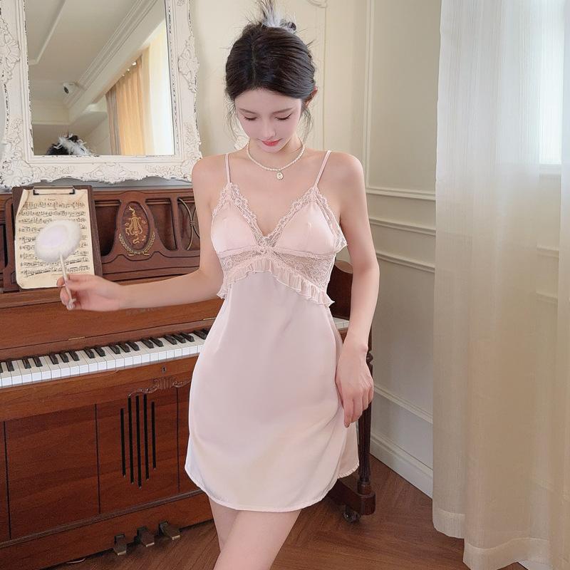 New Women's Summer Ice and Snow Silk Pajamas Ice Silk Sexy Suspender Pajamas Homewear French Pajamas Lace with Chest Pad