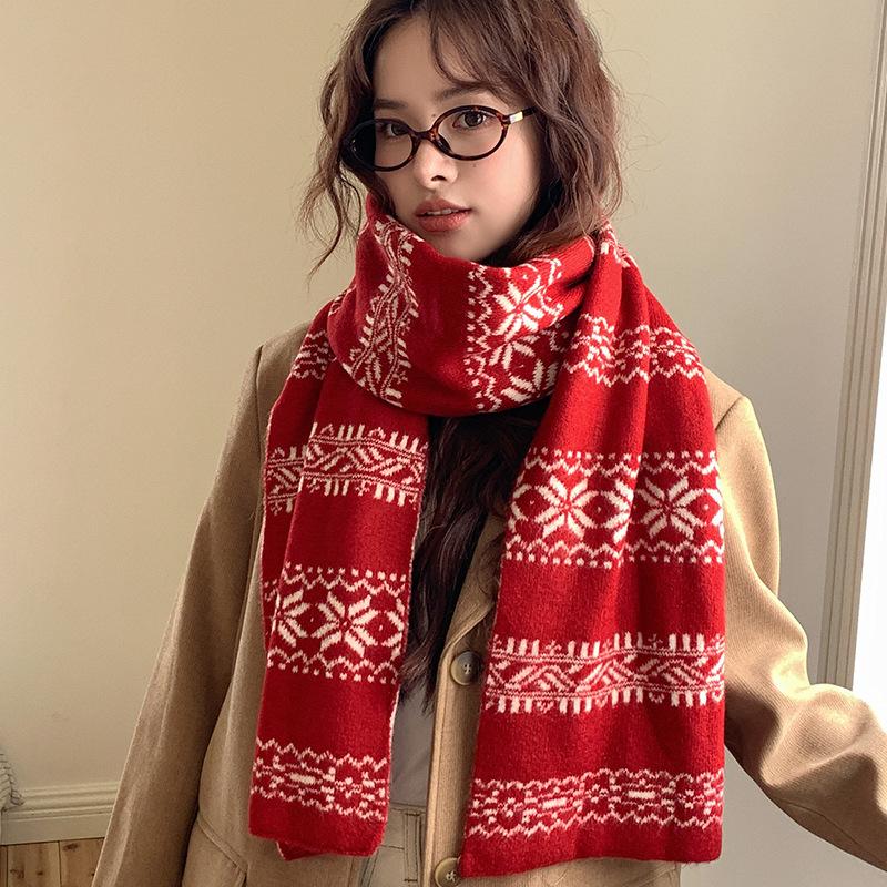 Red knitted scarf women's autumn and winter atmosphere sense versatile thickened warm Christmas gift scarf shawl