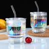 Colorful Laser Bamboo Cup, Office Glass Water Cup, Household Simple Beverage Coffee Cup with Lid, Transparent Straw Cup