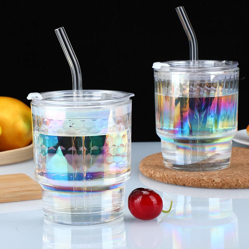 Tasse en Bambou Laser Colorée, Tasse à Eau en Verre pour Bureau, Tasse à Café Simple pour Boisson Ménagère avec Couvercle, Tasse à Paille Transparente