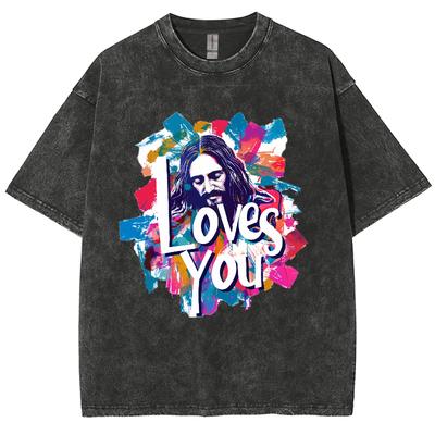 Liebt Dich Brief Porträt Druck Damen T-Shirt Gewaschen Übergroß Locker Halbarm High Street Kurzarm