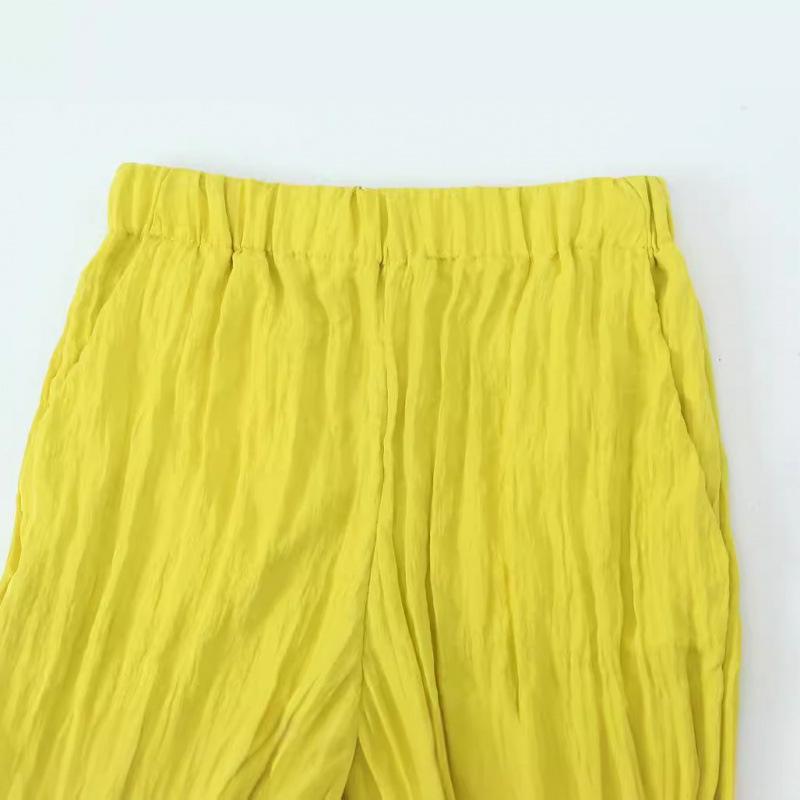 European & American Style Summer Wide Leg Elastic Waist Wrinkle-Effect Pants - Solid Color