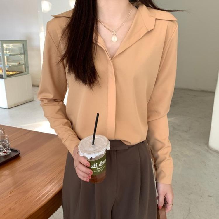 Solid Color Shirt Women's Long Sleeved Top Minimalist Temperament Chiffon Shirt Korean Version