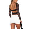 Women´s Summer Sheer Crop Tops Long Sleeve Open Back Lace Floral Slim Going Out Tops