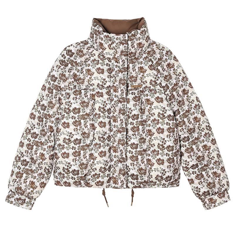 Women's Printed Cotton Padded Jacket, Stand Collar, Thickened Loose Fit, Short, Winter 2026, Small Floral Retro Style.
