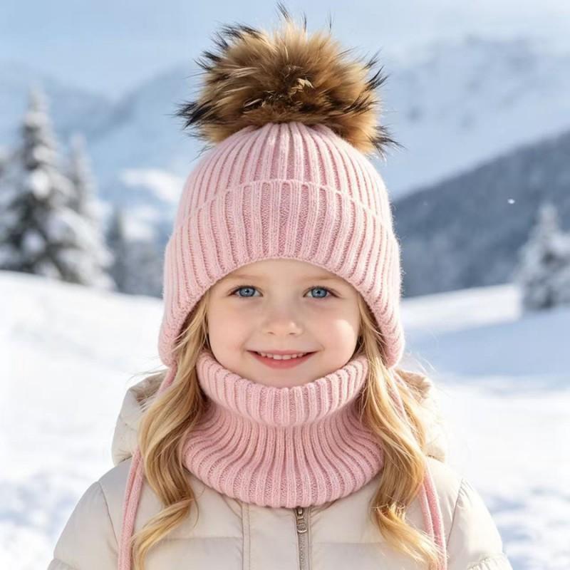 Kids Warm Knitted Hat With Faux Raccoon Fur Pom Matching Scarf Set Winter Cap Boys Girls