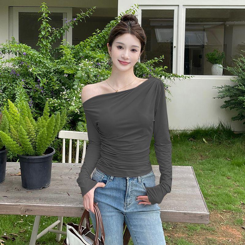 Xiaoke Wiwi Western Style Sloping Shoulder Long Sleeves Shirt Women 2025 New Design off-the-Shoulder Inner Wear Base Top Clothes
