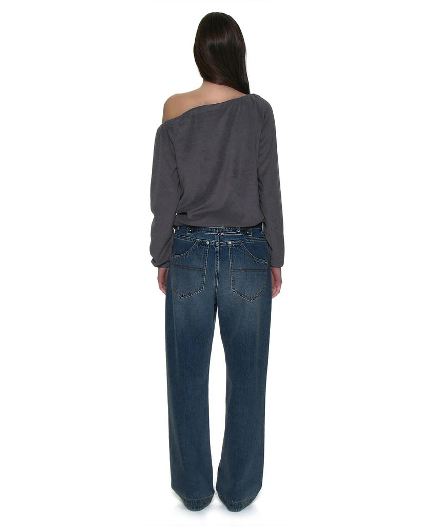 PARTIMENTO WOMEN Terry Drawstring Off-Shoulder Top_Charcoal