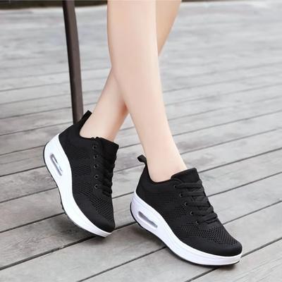 Casual Shoes Korean Version Platform Fly-woven Air Cushion Shoes 2025 Spring Fashion Versatile Dancing Shoes Low-top Lace-up Rocking Shoes
