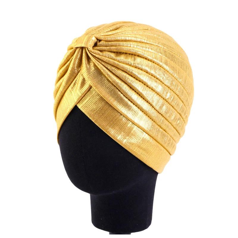 Nové dámské zlaté stříbrné turbanové čepice chemo bandana hidžáb plisovaná indická čepice turbante klobouk dámský šátek na vlasy muslimská pokrývka hlavy