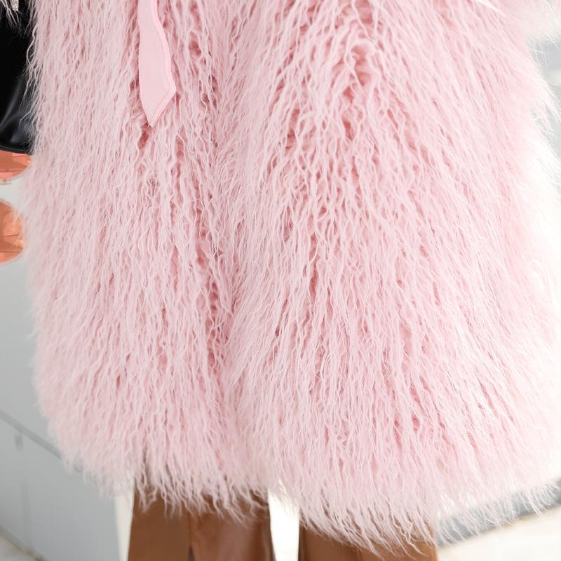 Pelliccia di lana marrone chiaro Cappotto di pelliccia finta edizione coreana Cappotto lungo da donna in lana marrone chiaro tinta unita Cintura in pelo di agnello