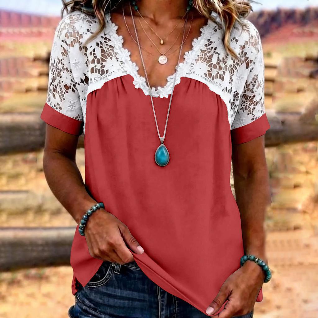 Women’s Short Sleeve Lace Patchwork Blouse V Neck Casual Loose Fit Top with Floral Crochet Design for Daily Wear