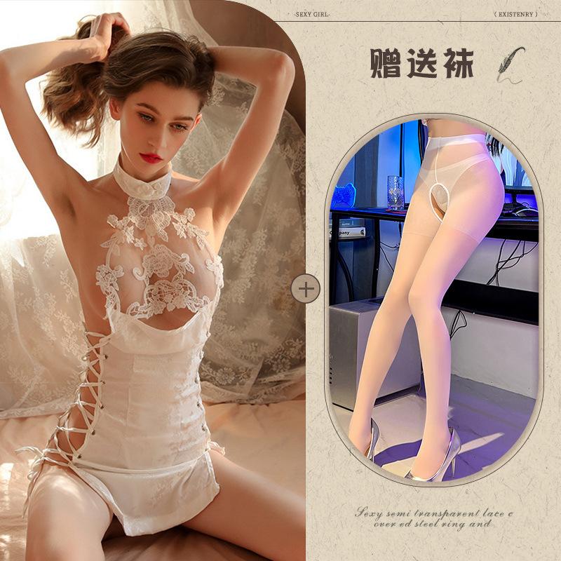 Sexy Lingerie Cheongsam Seduction Passion Hollow Strap High Split Fork Free Uniform Set