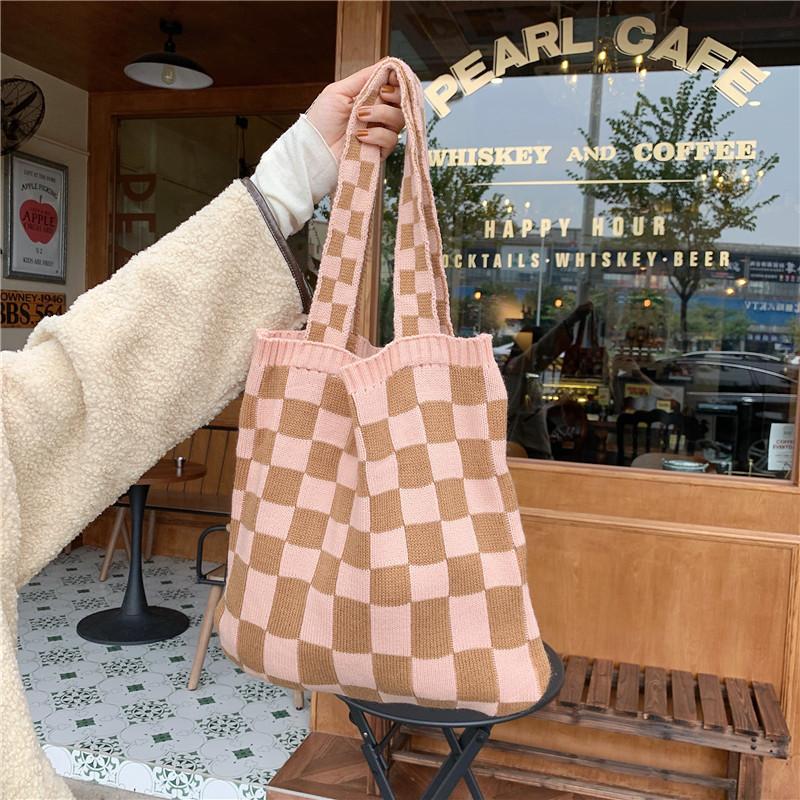 Chic Autumn Winter Large Capacity Checkered Tote Bag For Women Casual Use Khaki Plaid
