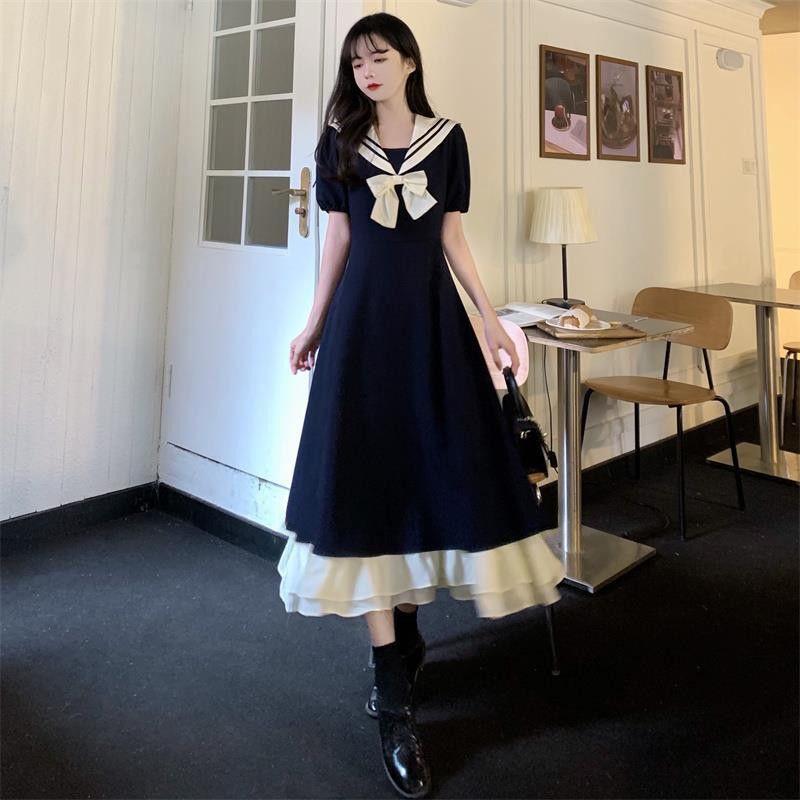 Plus Size Preppy Embroidered Sailor Dress – Tummy-Slimming A-Line Skirt for Curvy Girls