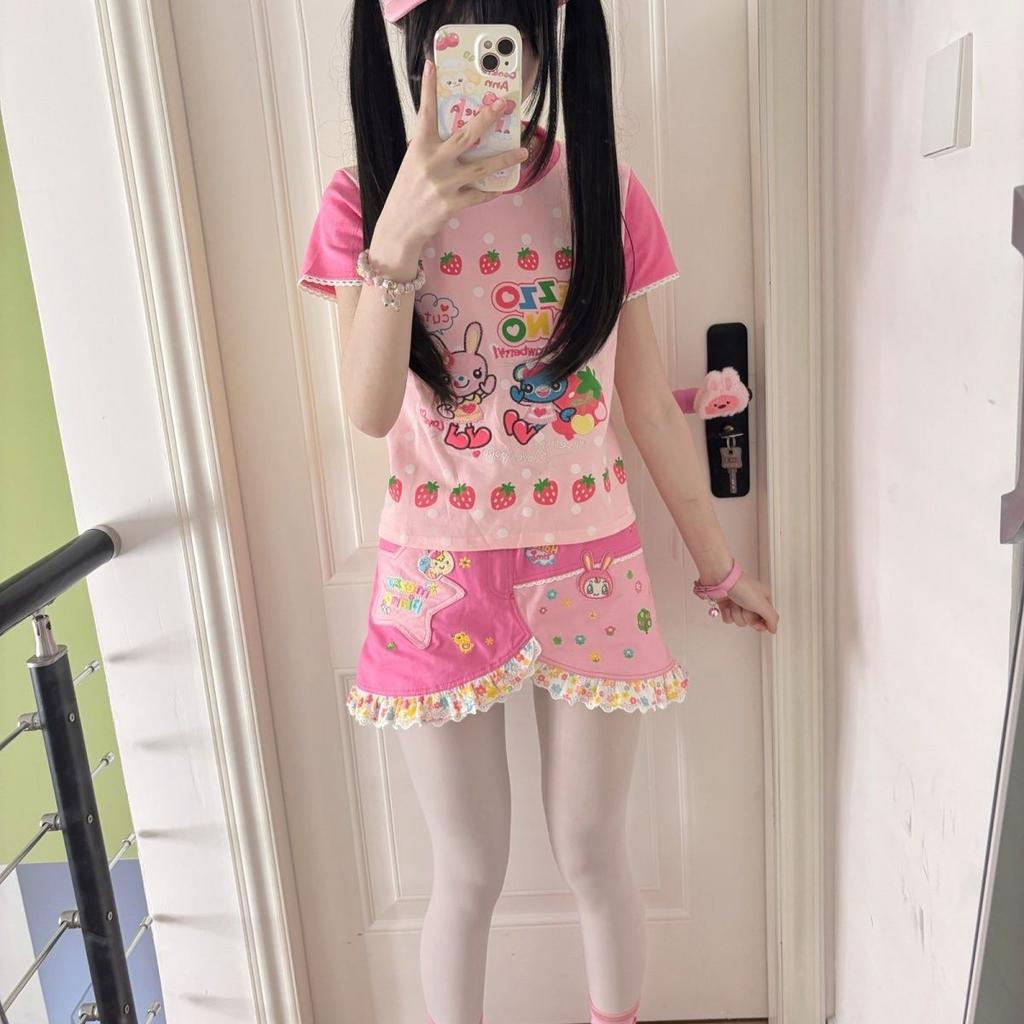 Sweet Crop Top Grunge Cartoon Print Harajuku Contrast Color T-shirt Women Y2k Aesthetic Slim Ruffled Tee Vintage Fairy Japanese