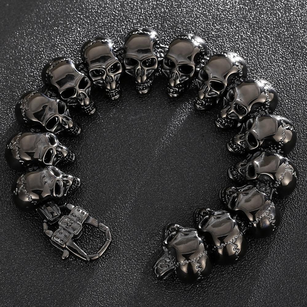 Gothic Punk Schmuck Voller Totenkopf Gliederkette Mann Armband für Männer Schwarz Altsilber Farbe Edelstahl Herrenarmbänder Cool