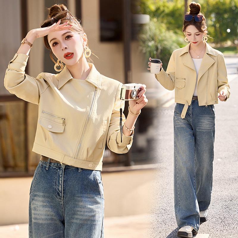 

Женская короткая кожаная куртка мотоциклетного стиля - Повседневная ПУ куртка дизайна Весна/Осень 2025 XL (Weight 125-140 Jin) зерна/жёлтый