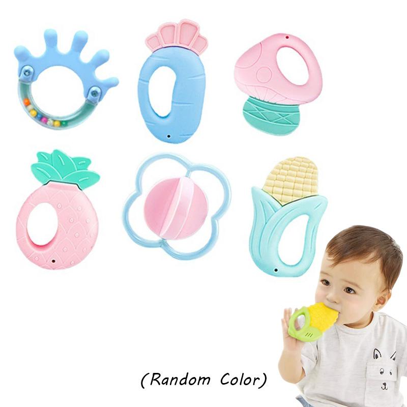 Baby 6pcs Silicone Rattle Set Infant Food Shaped Molar Stick Teething Toys Chew