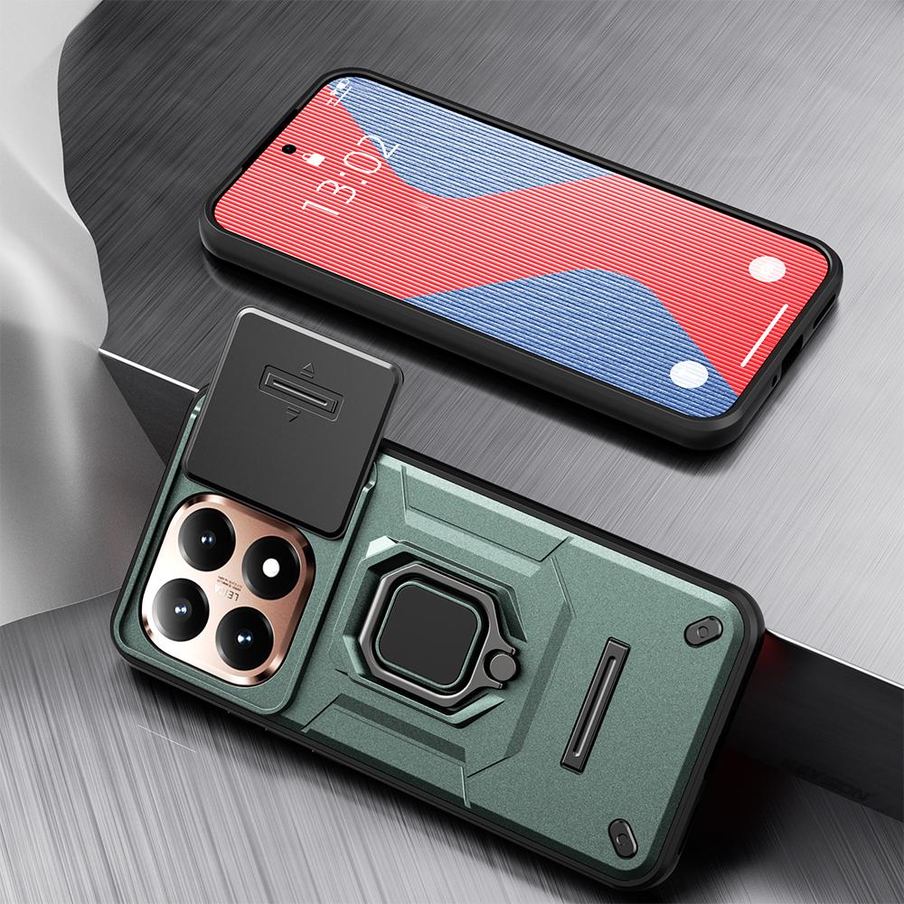 KEYSION Shockproof Armor Case for Xiaomi 15T Pro 5G Slide Camera Protection Metal Ring Stand Phone Back Cover for Xiaomi 15T 5G