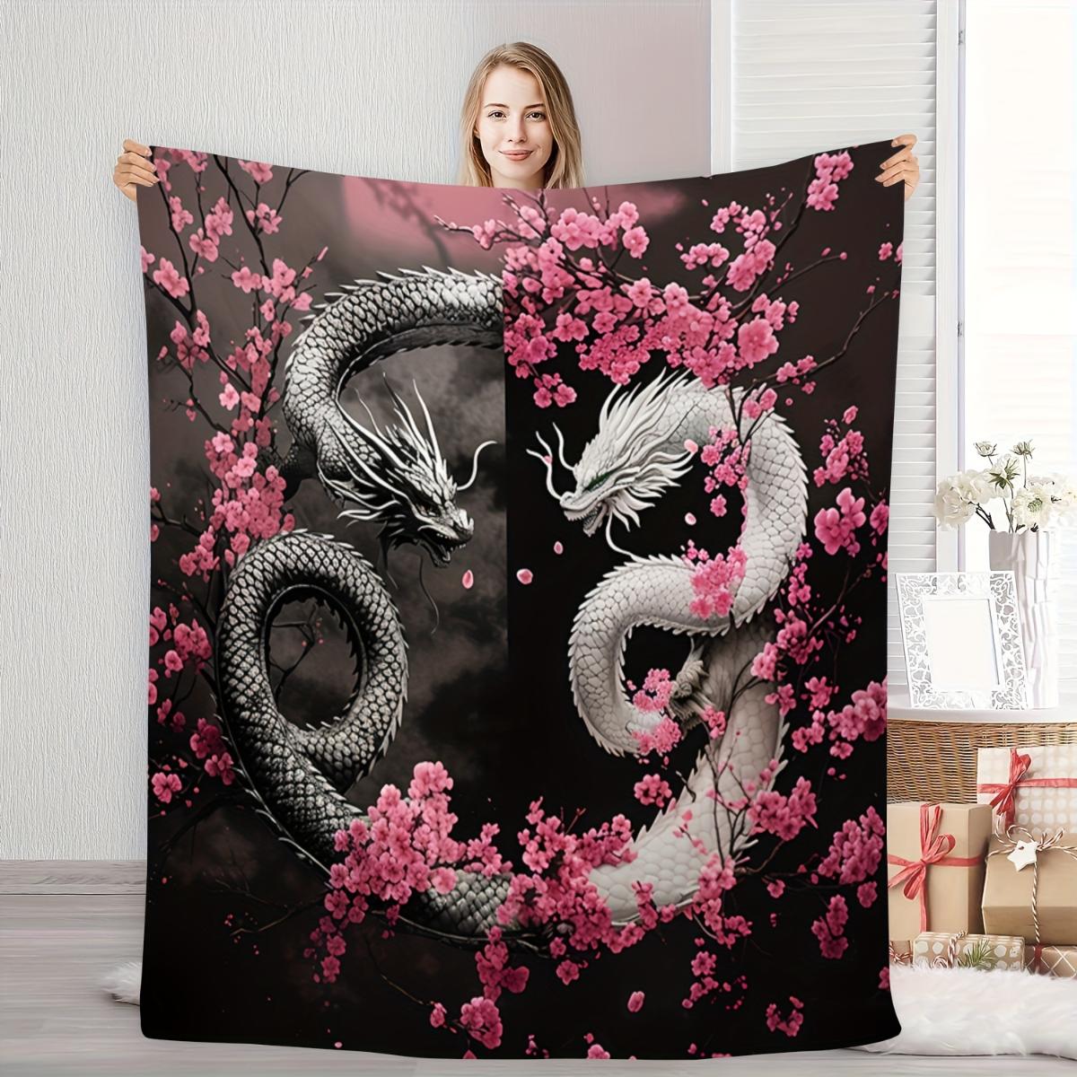 1 Traditional Dragon and Cherry Blossom Pattern Flannel Blanket - Soft and warm, perfect for camping, sofas, beds, and chairs 130x150cm