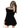 One-word shoulder mesh splicing red long-sleeved dress women's autumn and winter temperament sexy waist a-word dress short skirt