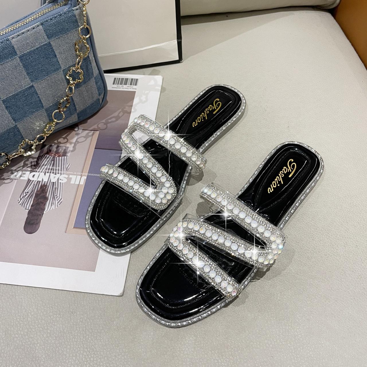 

Slippers women s summer wear new fashion rhinestone flat bottom sandals tide 34
