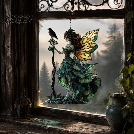 Decorative Hanging Ornaments Stained Glass Style Skeleton Fairy Window Suncatcher, Acrylic Ornament with Butterfly Wings Sun Catcher for Living