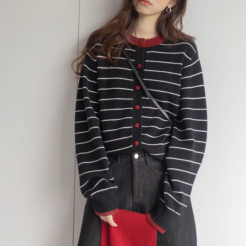 2026 Autumn/Winter Korean Color Block Striped Knit Cardigan for Women - Simple, Loose, Slimming, Lazy Style Sweater Coat