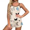 European Style Butterfly Print Pajama Set: Spaghetti Strap Tank, Bathrobe, and Shorts for Women’s Summer Loungewear.