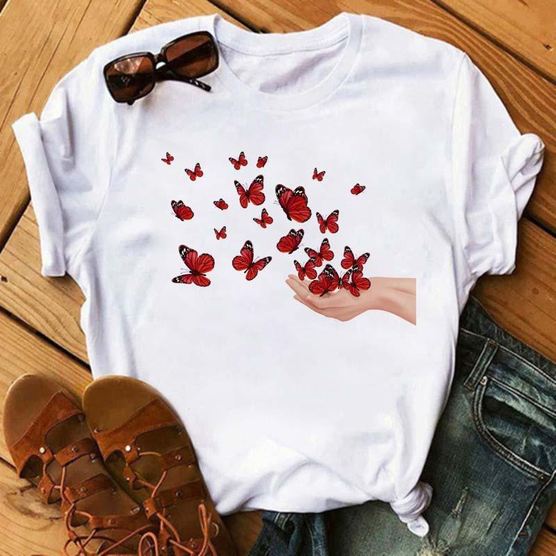 Summer Butterfly Print Plus Size Loose Round Neck Pure Cotton Short Sleeved Top T-Shirts Women’s Tees