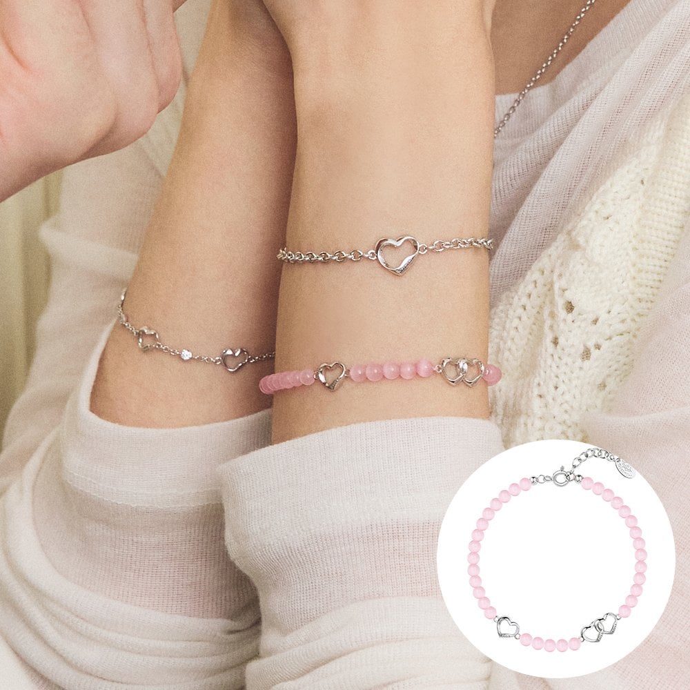 [Rosemont] Silver Pink Cat's Eye Bead Bracelet Deer Heart Ra25C07A
