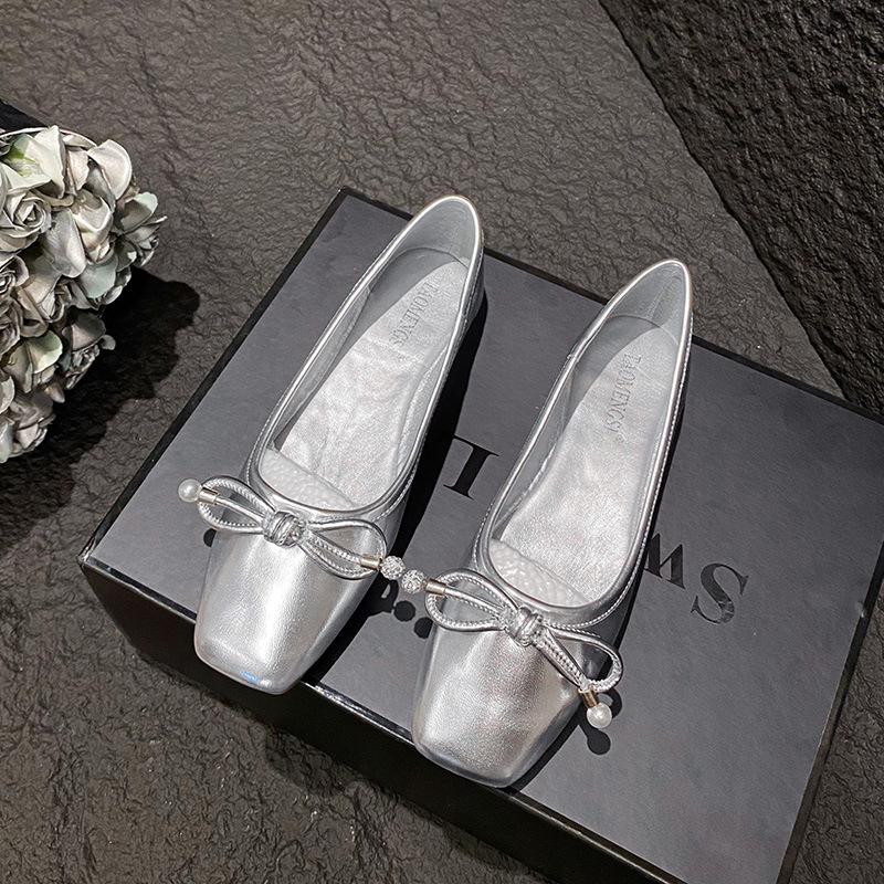 Fashion Silver Square Toe Bowtie Flats Women Spring Office Shoes Shallow Slip On Ladies Ballerina Loafers Comfy Barefoot Mocassines 2025