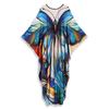 EDOLYNSA Summer Women Vacation Boho Blue Floral Printed V-neck Batwing Sleeve Loose Kaftan Robe 2024 Swimwear Cover Up Casual Beachwear Q1588