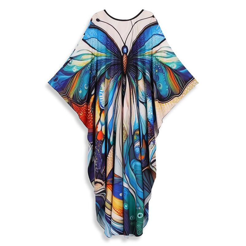 EDOLYNSA Summer Women Vacation Boho Blue Floral Printed V-neck Batwing Sleeve Loose Kaftan Robe 2024 Swimwear Cover Up Casual Beachwear Q1588