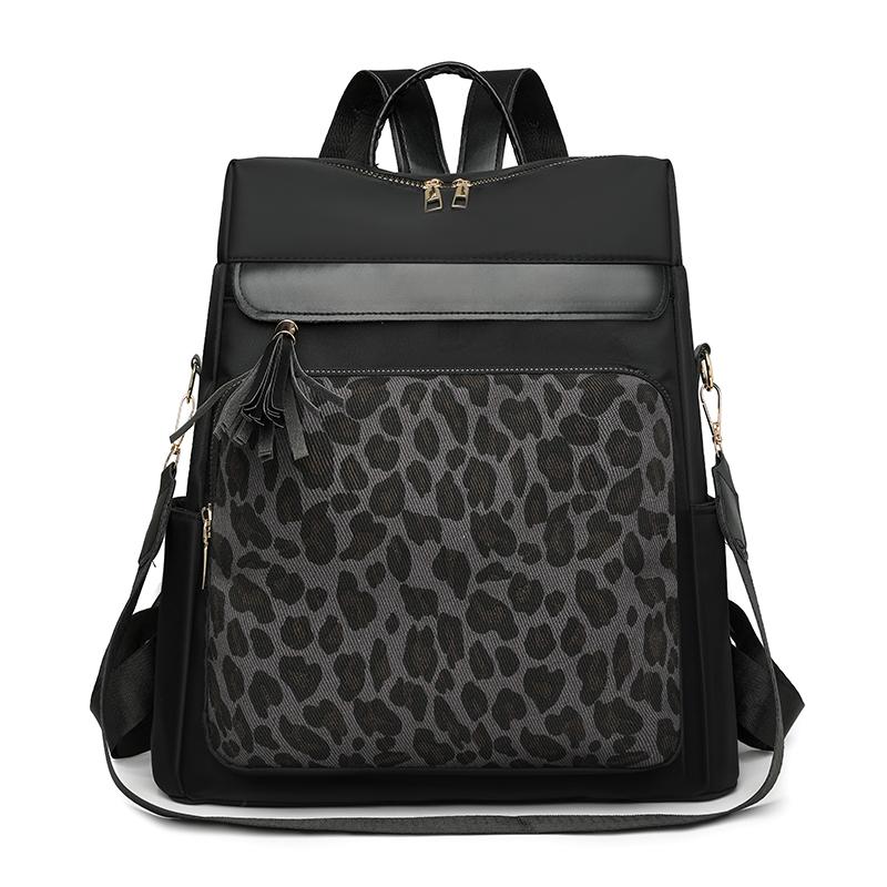 Vintage Leopard Print Stitching Backpack Multi-functional Shoulder Bag Large Capacity Student Backpack