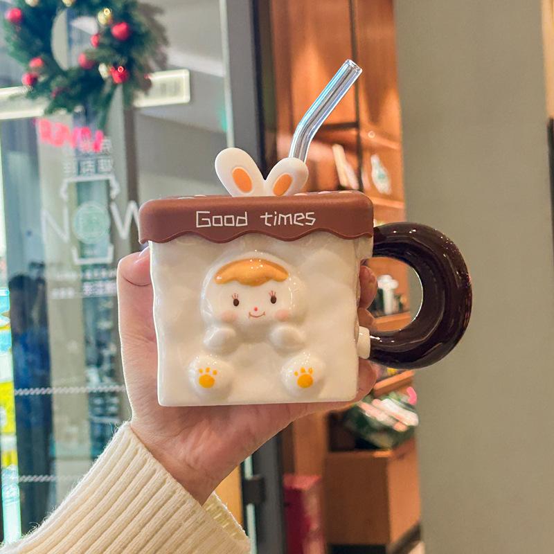 Girl's heart birthday gift cute three-dimensional rabbit ceramic mug with lid spoon girlfriend practical souvenir gift