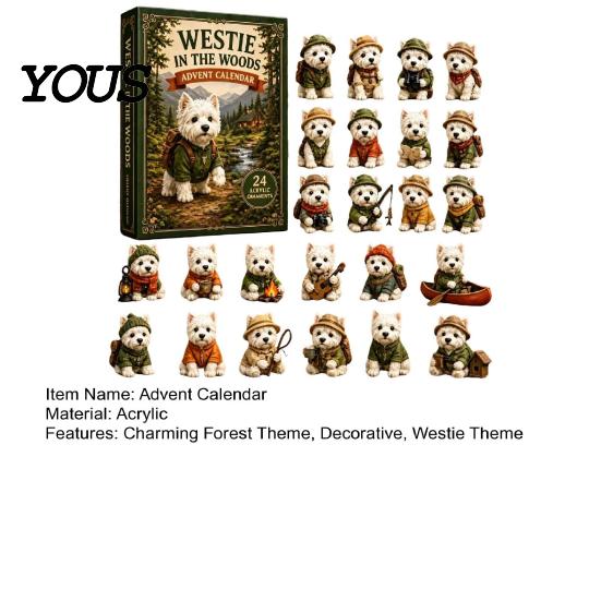 Linda Decoración Navideña para Cachorros Westie en el Bosque Calendario de Adviento, Calendario de Cuenta Atrás Navideño de 24 Días para Niños Set de Figuras de Perros, West Highland