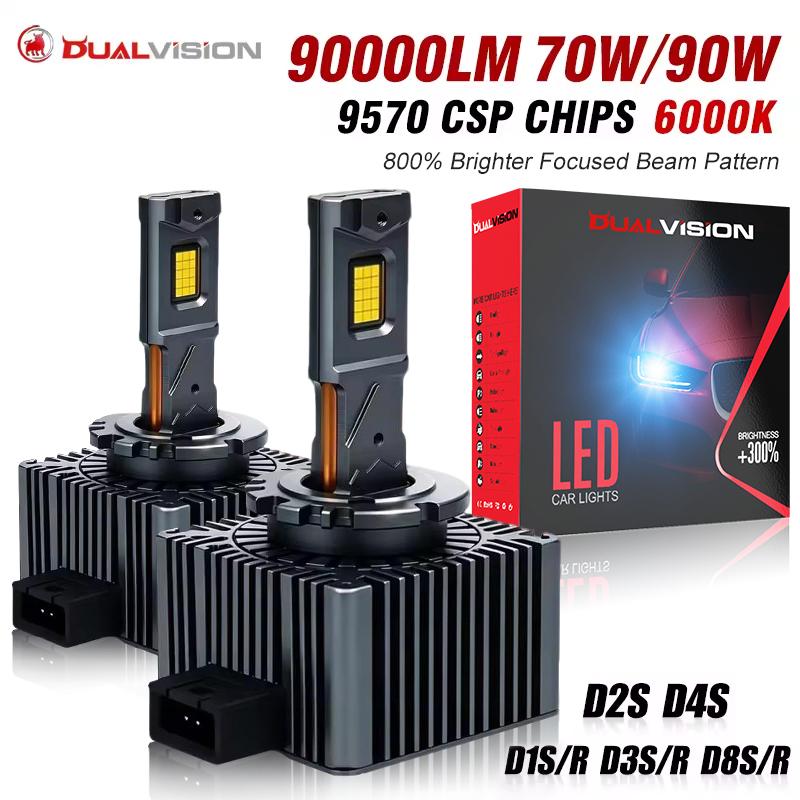 Dualvision D1S D3S LED Headlights HID CANBUS D2S D4S D4R D1R D2R D3R Turbo LED 90000LM CSP Chip 6000K White 70W 90W Plug&Play 2X 6000K
