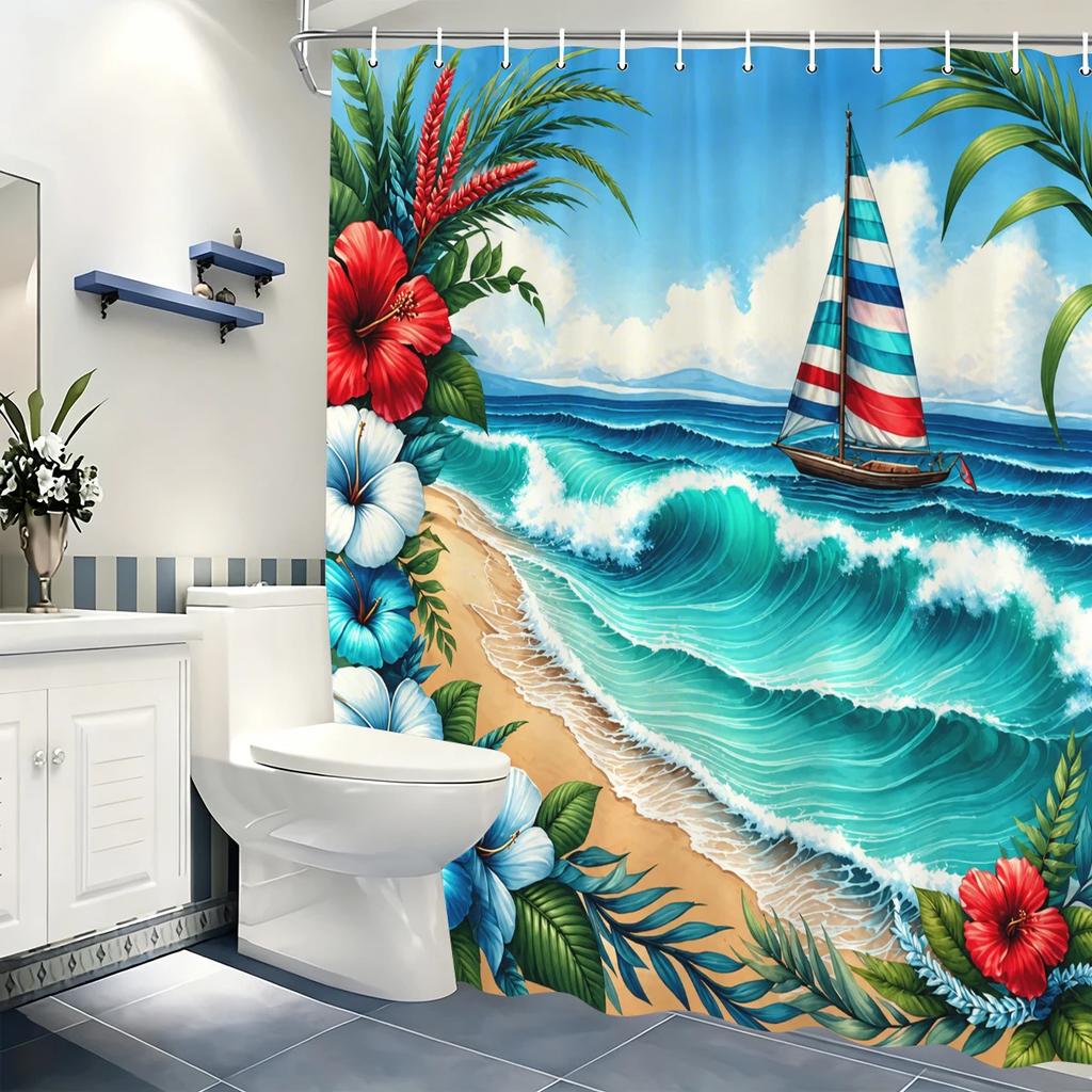 Vibrant Ocean & Tropical Themed Polyester Bathtub Curtain - Artistic Printed Shower Curtain for Bathroom Decor