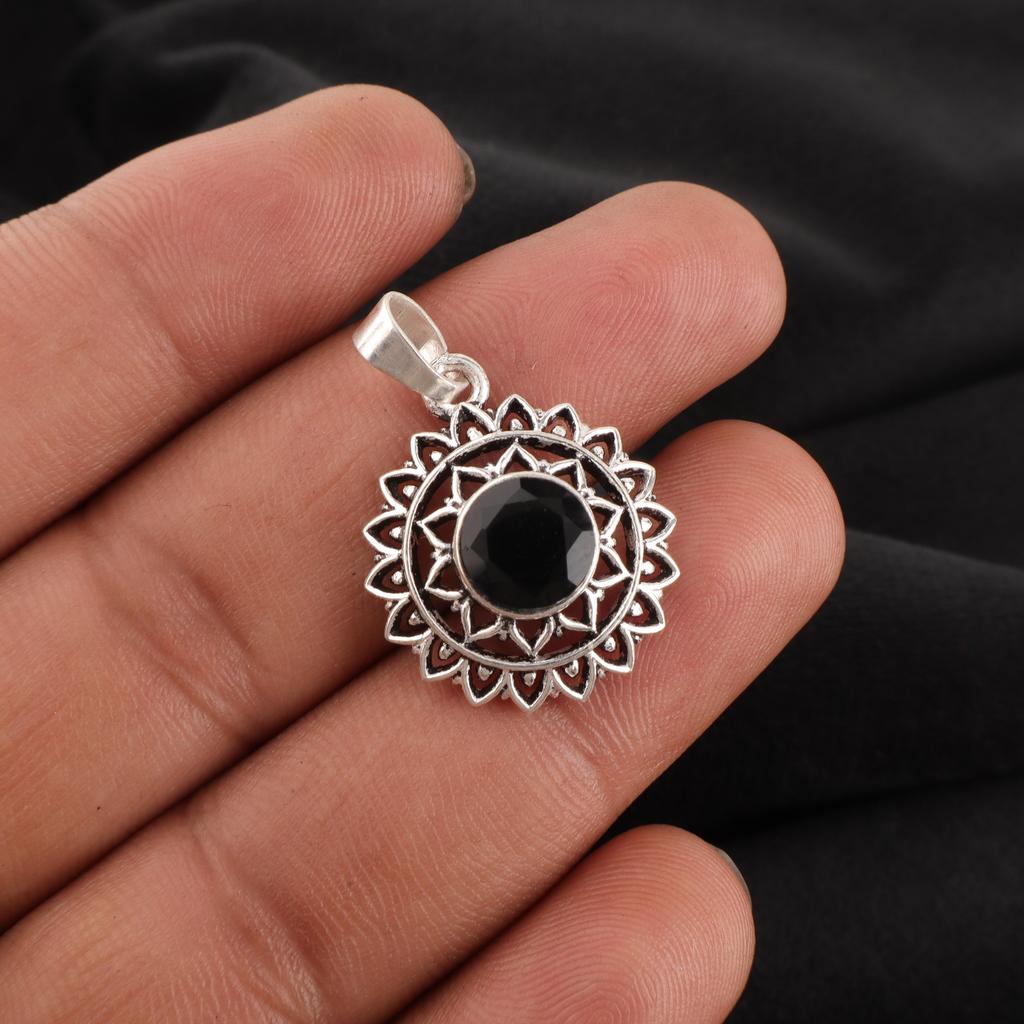 Black Onyx Gemstone Silver Jewelry, 925 Sterling Silver Pendant, Handmade Designer Onyx Pendant Gift For Catholics