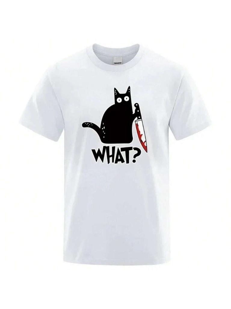 Knife Cat Print Women's Anime Pattern Casual Loose Summer Cozy T-Shirt Tops Comfortable Cotton O Neck Breathable Female Clothing