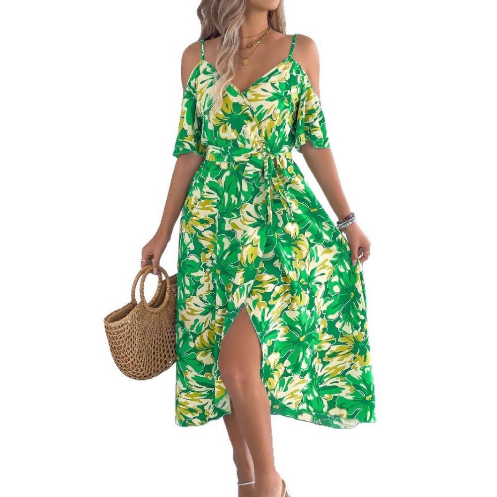Spring Summer Strapless Cross V Neck Floral Halter Long Holiday Dresses Women