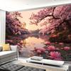 2D Pink Cherry Blossom Lake Tapestry, HD Print Lotus Flower Nature Wall Cloth for Home Studio & Party Decoration