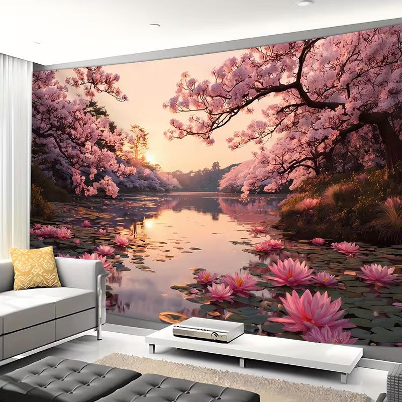 2D Pink Cherry Blossom Lake Tapestry, HD Print Lotus Flower Nature Wall Cloth for Home Studio & Party Decoration