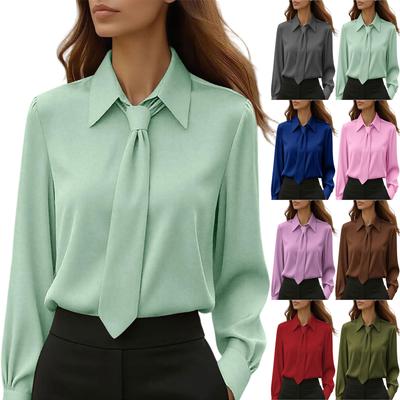 Women's Fashion -Color Button-Down Tie-Front Long-Sleeve Shirt Loose-Fit Top