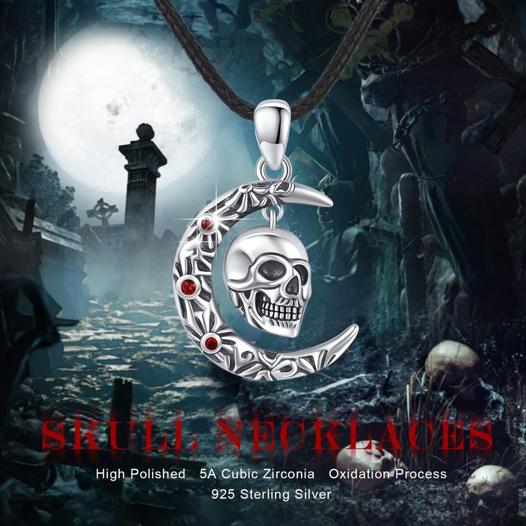 CUOKA MIRACLE Skull Necklace, 925 Sterling Silver, Moon, Crescent Moon Skull Jewelry Pendant Necklace, Gothic Skull Horror Jewelry, Gift for Women,